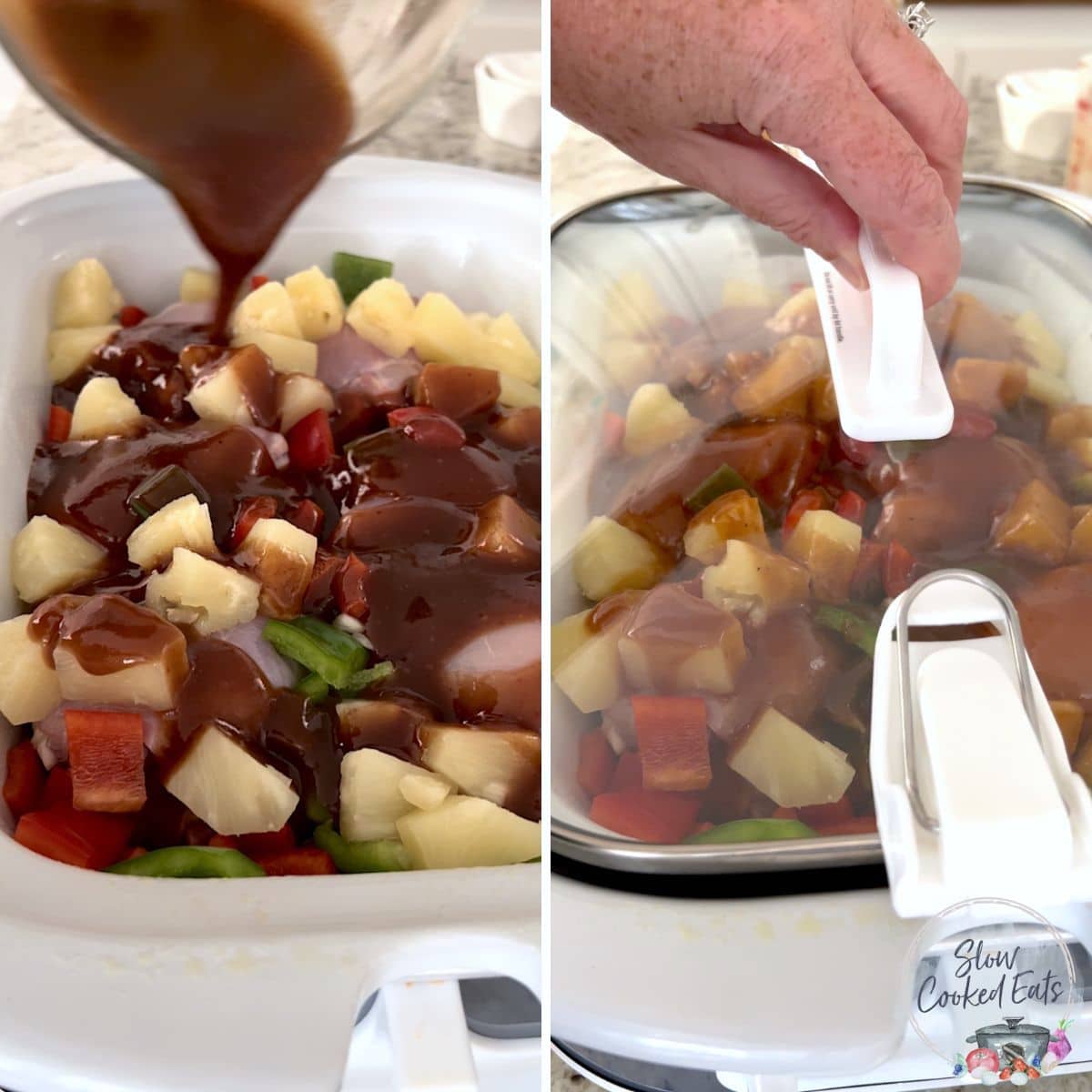 Pouring the sweet and tangy sauce over the crockpot Hawaiian chicken.