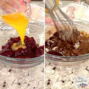 Mixing the cranberry gravy sauce with a whisk.