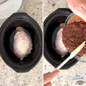 Adding the turkey breast in the bottom of the crockpot then pouring cranberry gravy mix over the top.