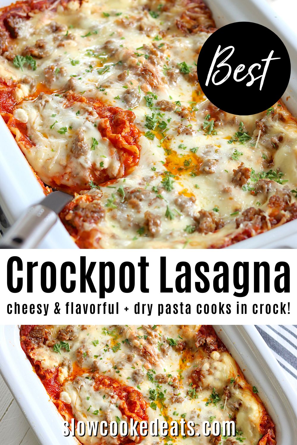 Black and white pinterest pin with a white rectangle slow cooker with crockpot lasagna.