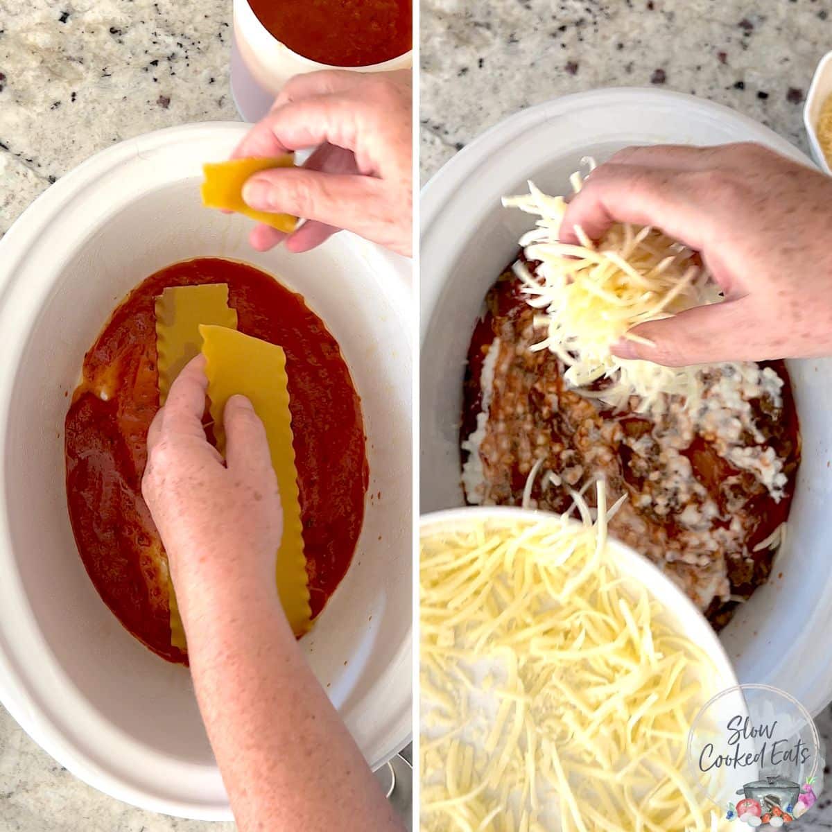 Layering dry pasta, cheese, and sauce to make crockpot lasagna.