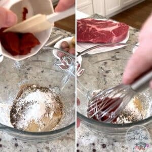 Mixing the sauce in a clear glass bowl with a whisk.