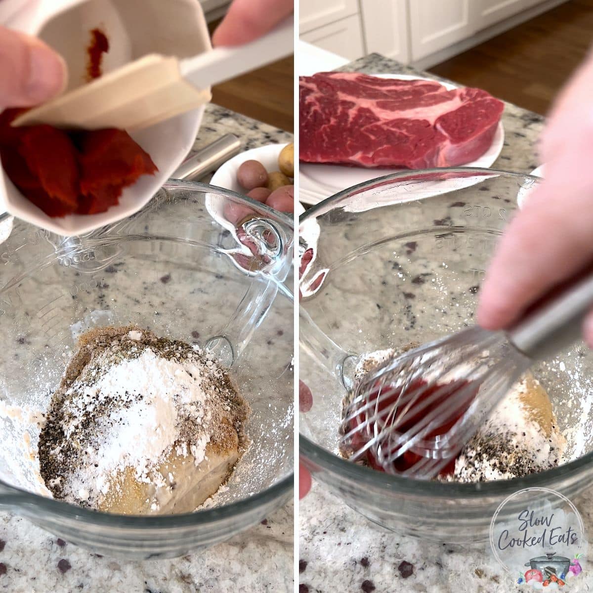 Mixing the sauce in a clear glass bowl with a whisk.
