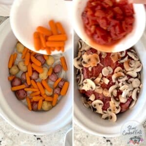 Adding the vegetables, beef chuck roast and tomatoes to the crockpot.