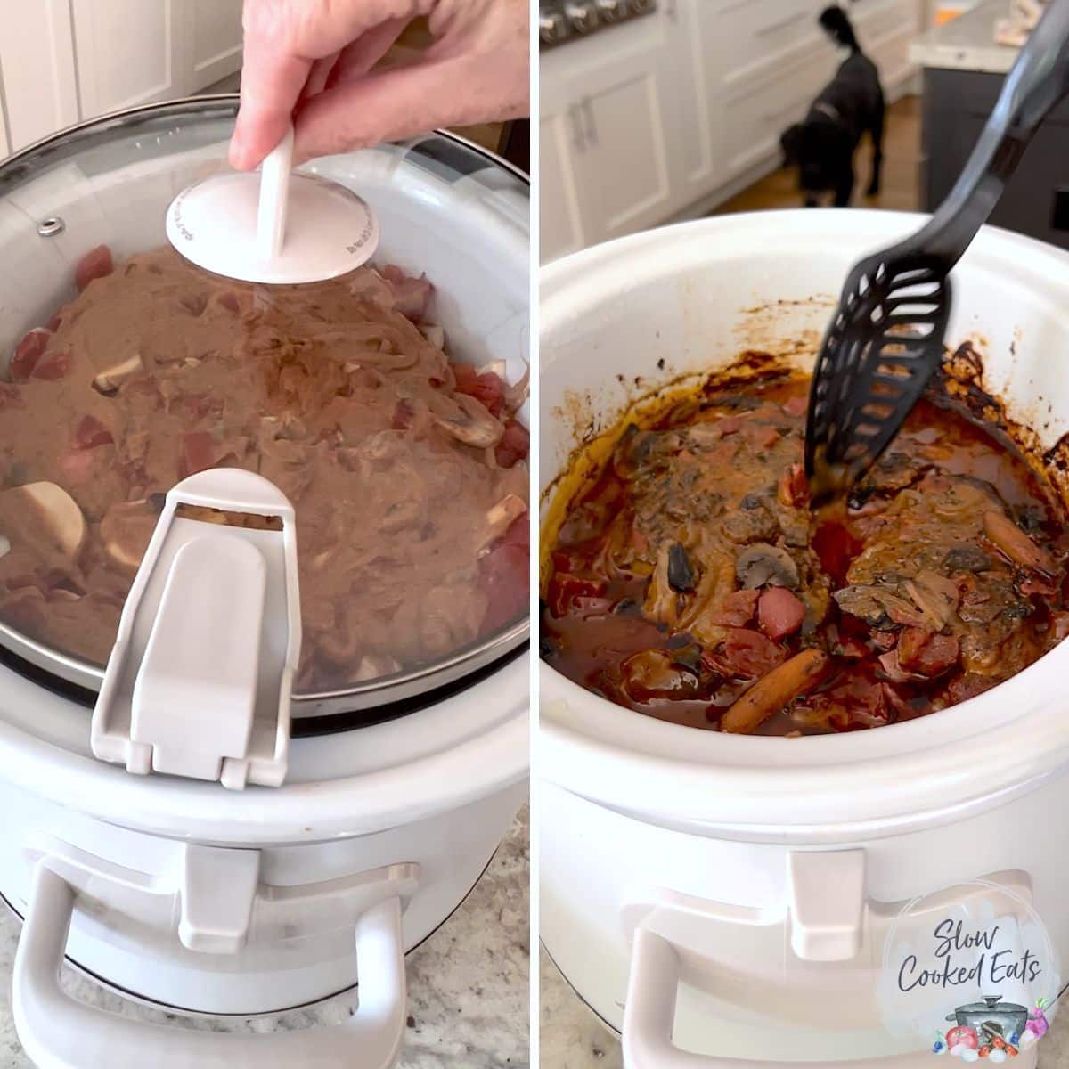 Fully cooked tender crockpot pot roast in a white slow cooker.