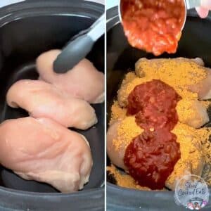 Making chicken tacos in a black oval crock pot by adding chicken breast and salsa.