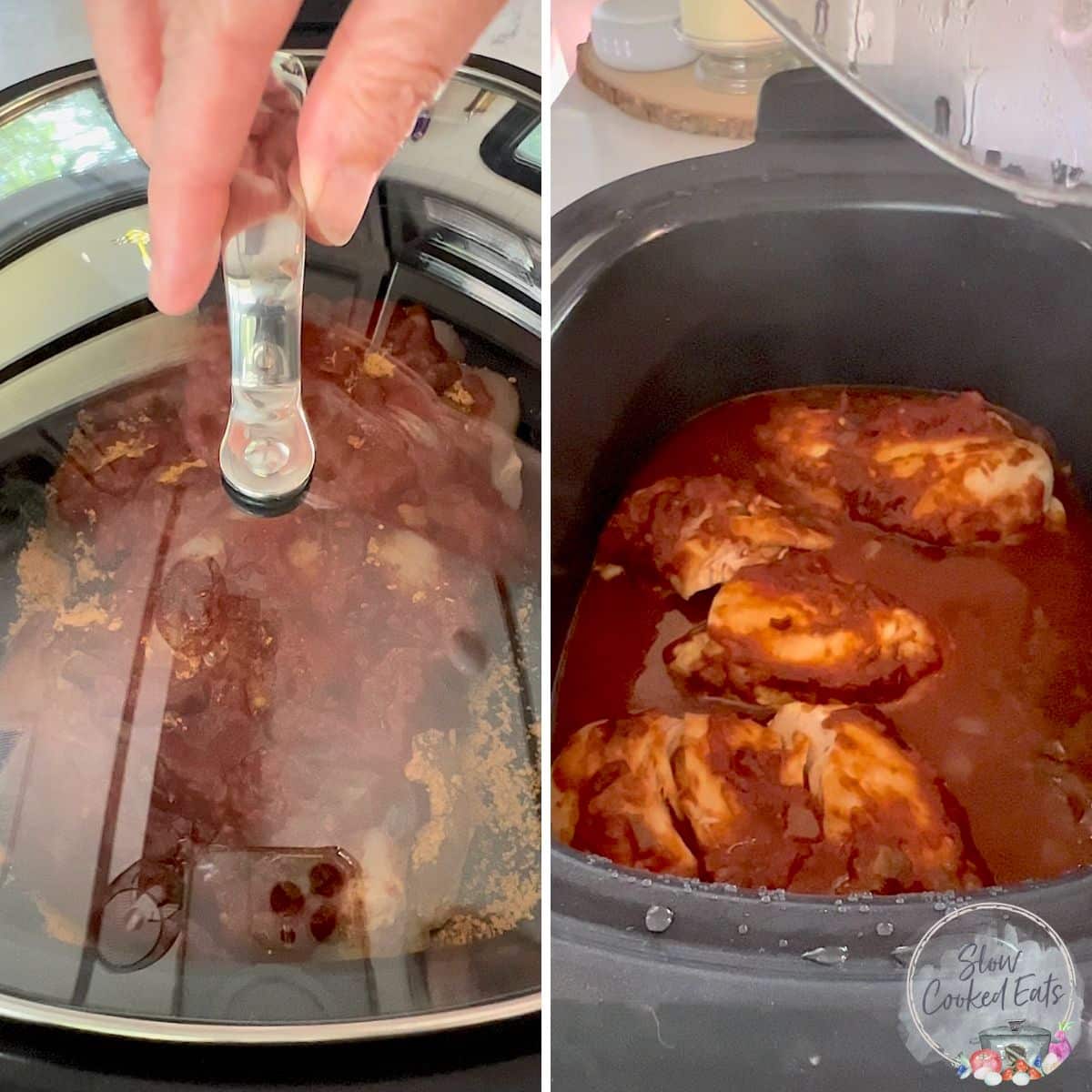 Slow cooking the chicken taco recipe in a black oval crock pot.
