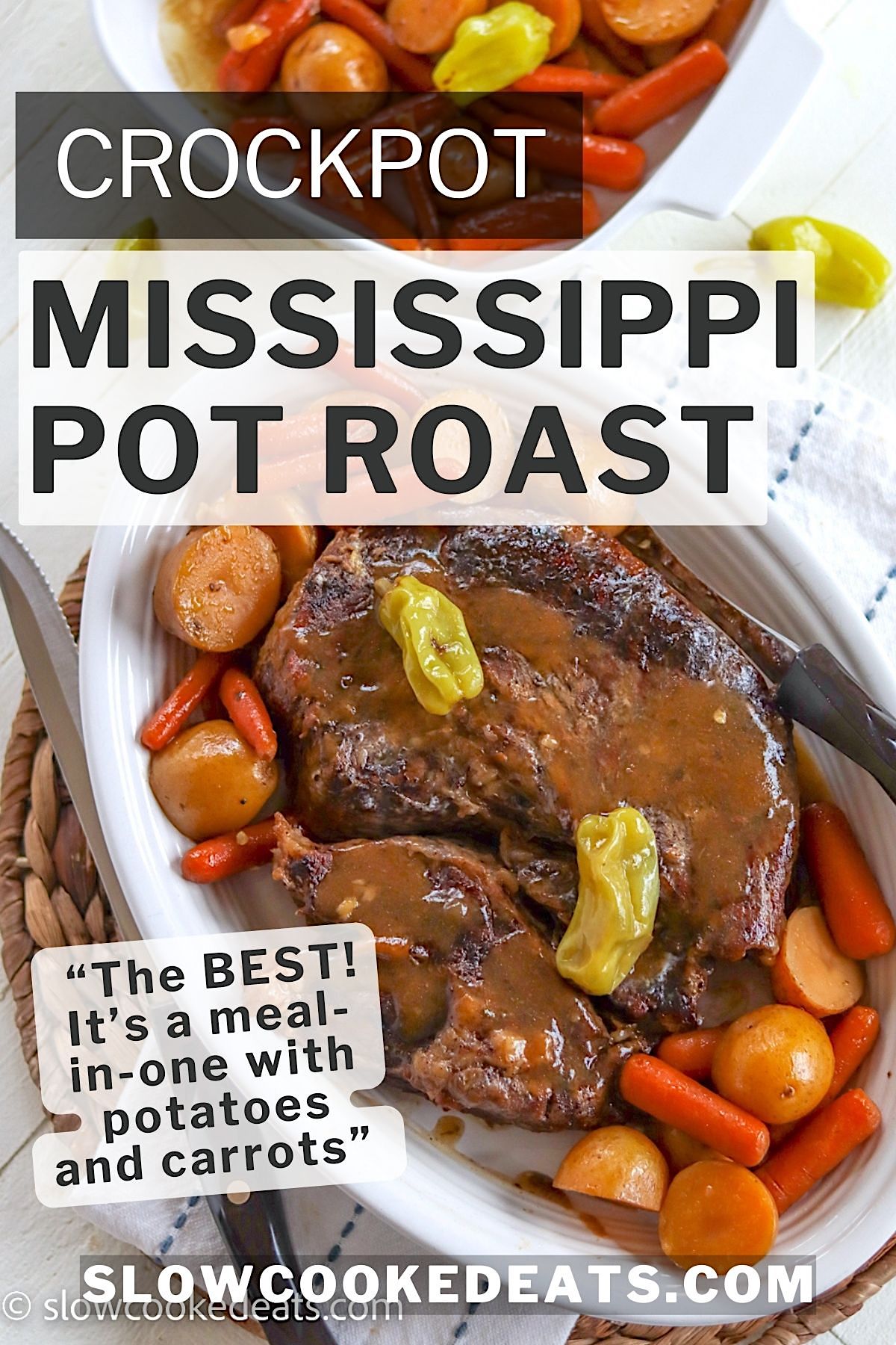 An oval white platter served with crock pot Mississippi pot roast with potatoes and carrots and gravy.
