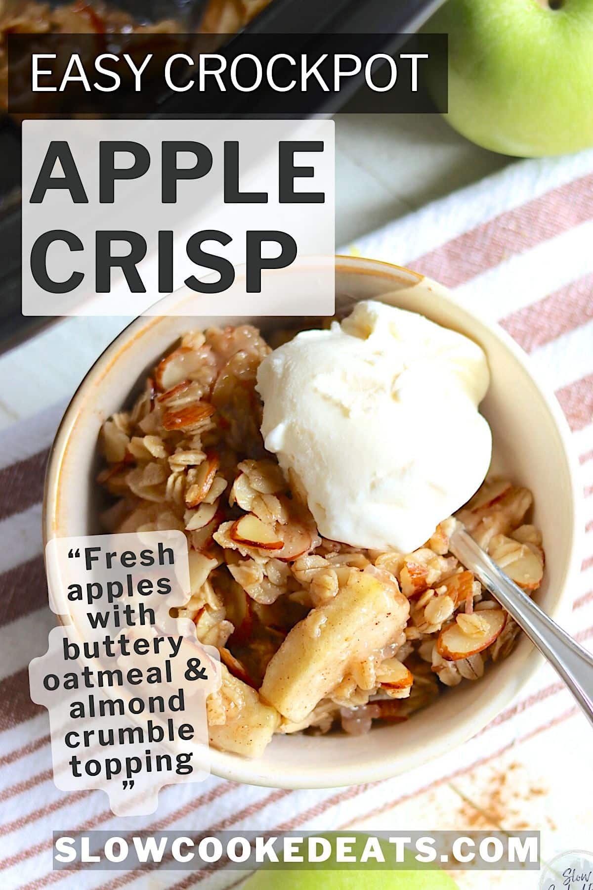 Pinterest pin with a single serving of slow cooker apple crisp with vanilla ice cream and a spoon.