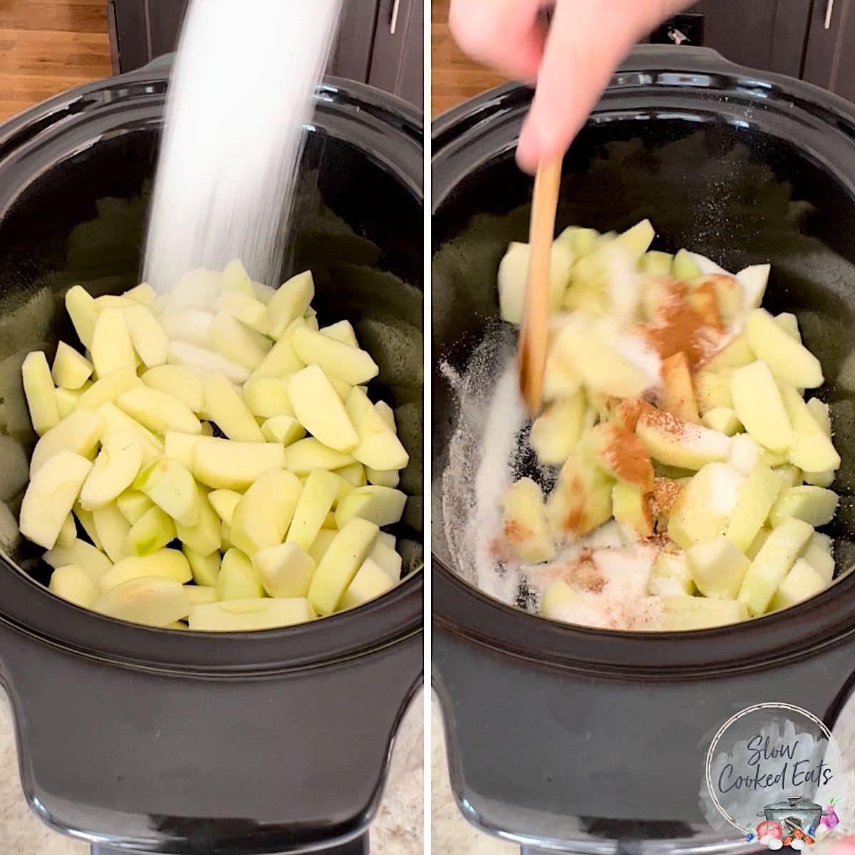 Stirring sugar and spices into the apple crisp in a black oval crockpot.