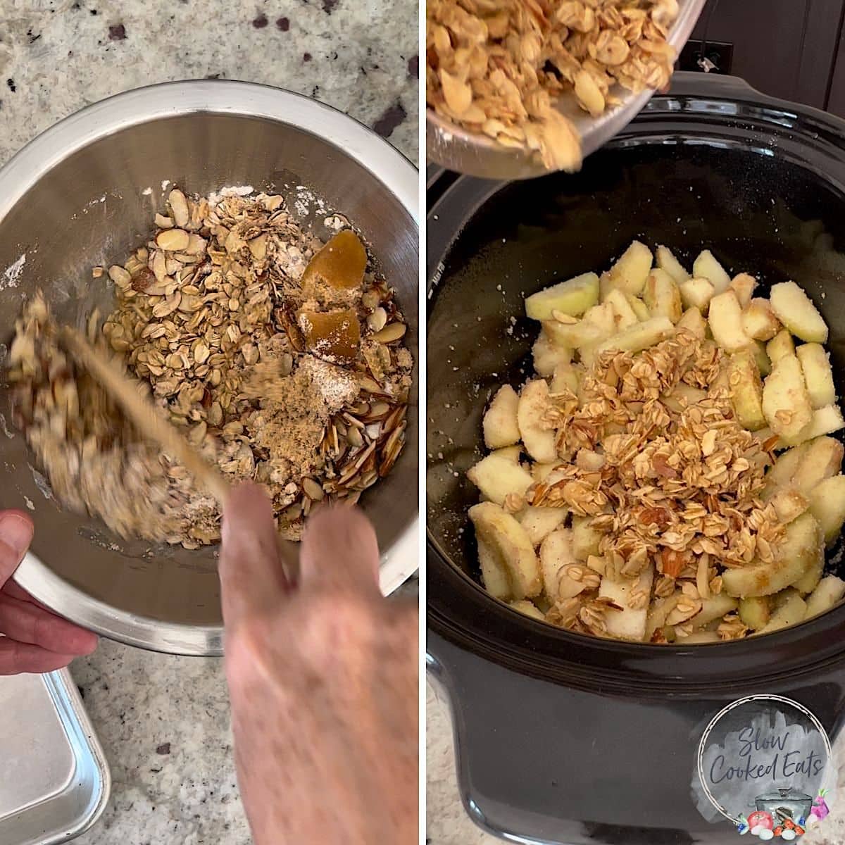 Mixing the crockpot apple crisp crumble topping in a metal bowl then spooning over the apples in a slow cooker.