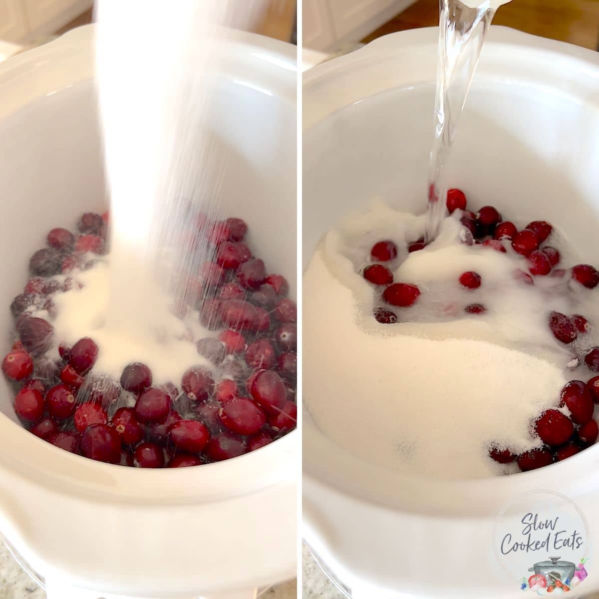 Pouring water and sugar into the pot to make crockpot cranberry sauce.