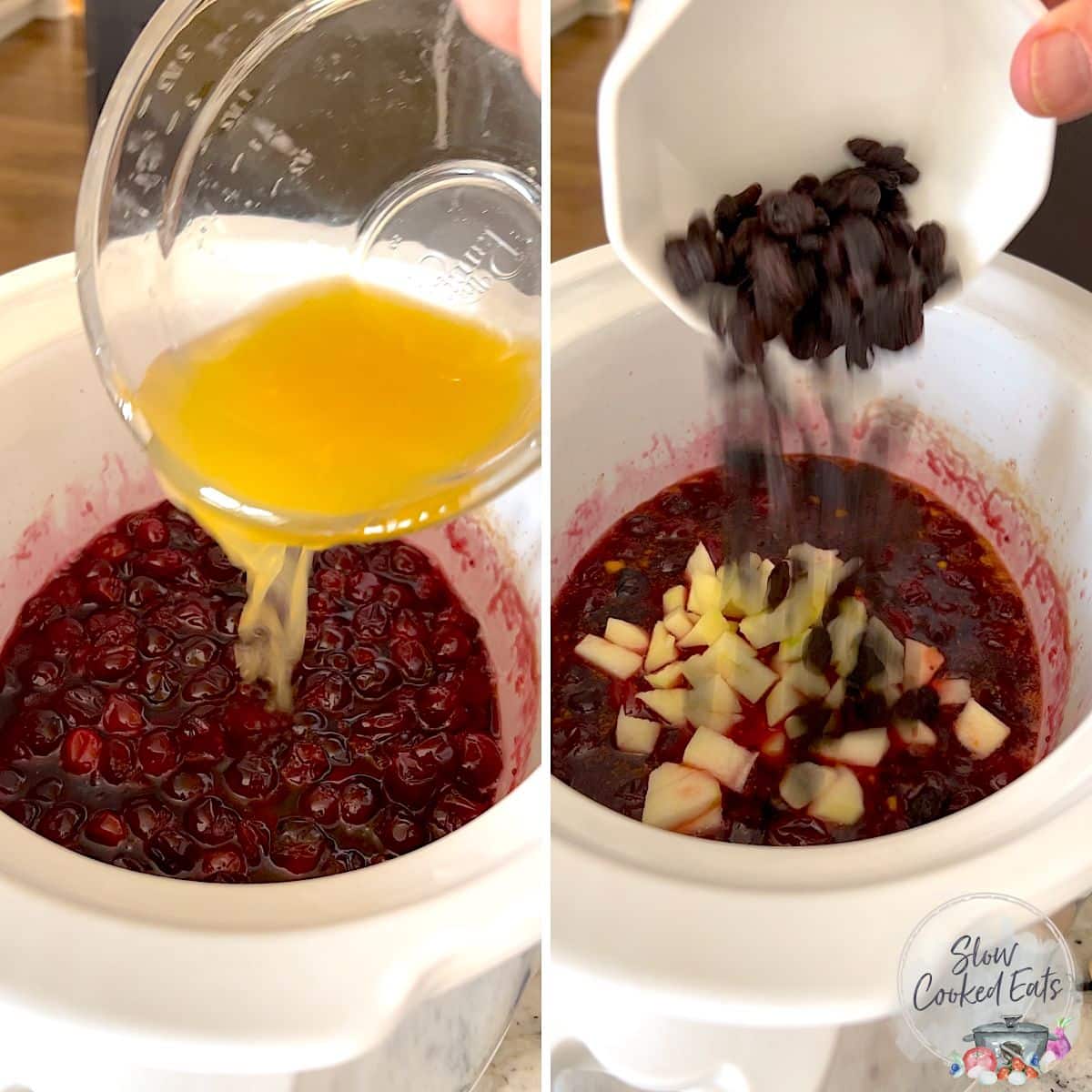Adding the citrus juices and raisins to the crockpot cranberry sauce.