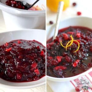 Removing the cooled crockpot cranberry sauce from the slow cooker to refrigerate.