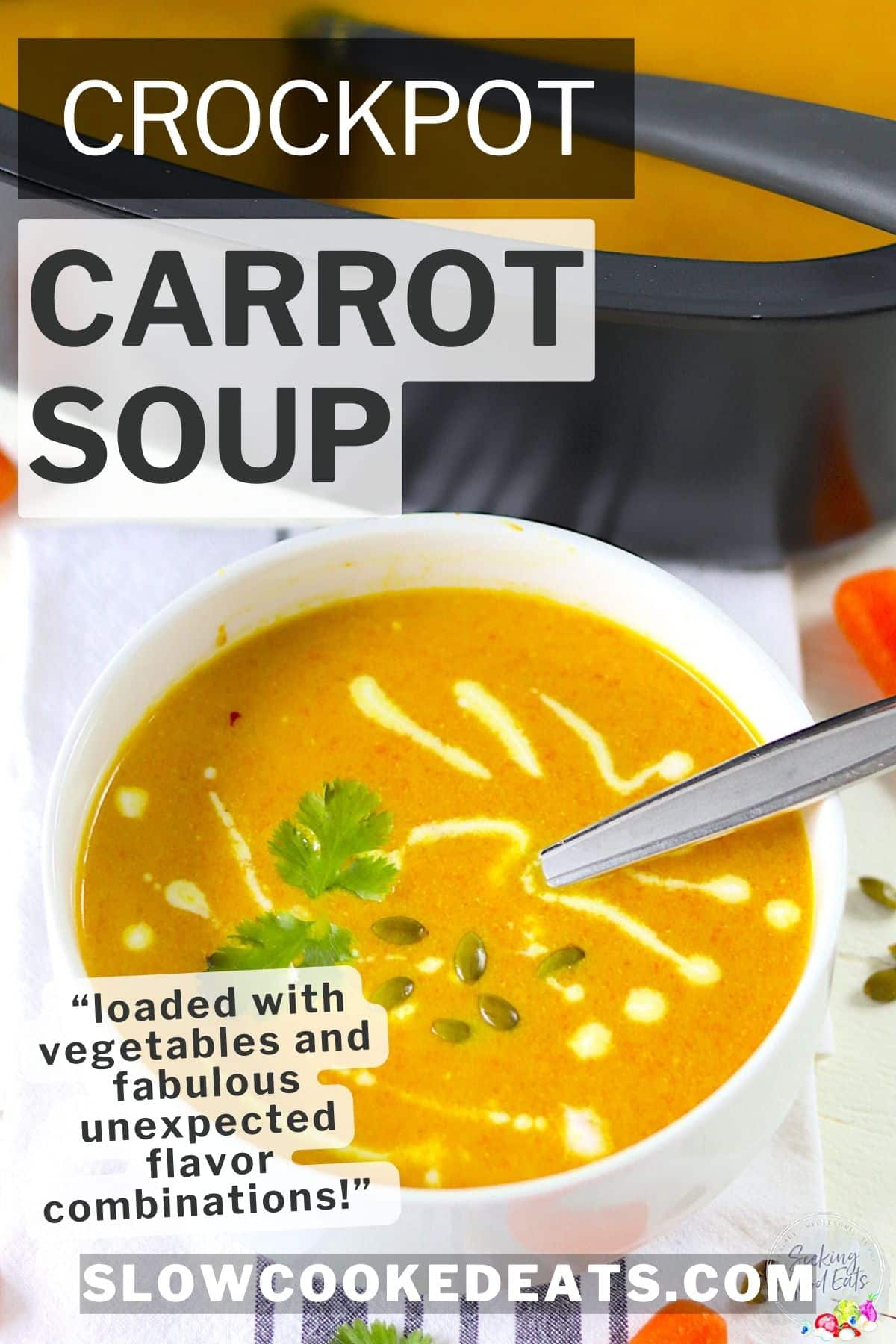 Pinterest pin with a bowl crockpot carrot soup garnished with fresh cilantro.