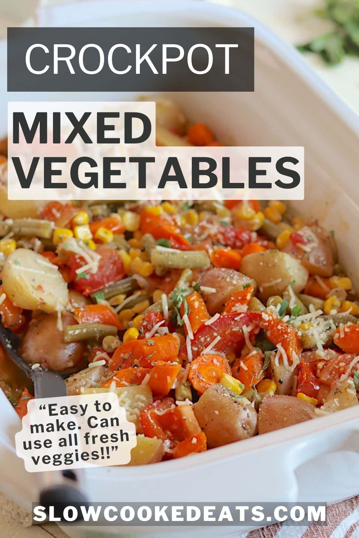 Slow cooker vegetables in a white crockpot.
