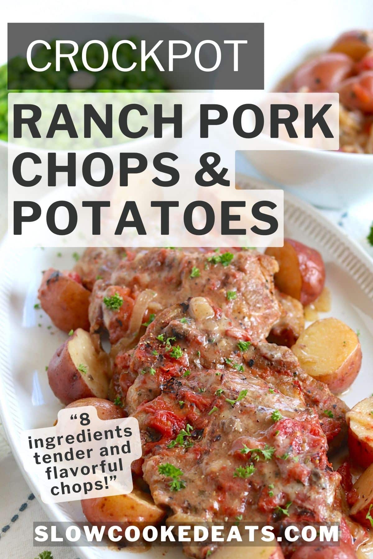 Crockpot pork chops and potatoes served on a white platter. 
