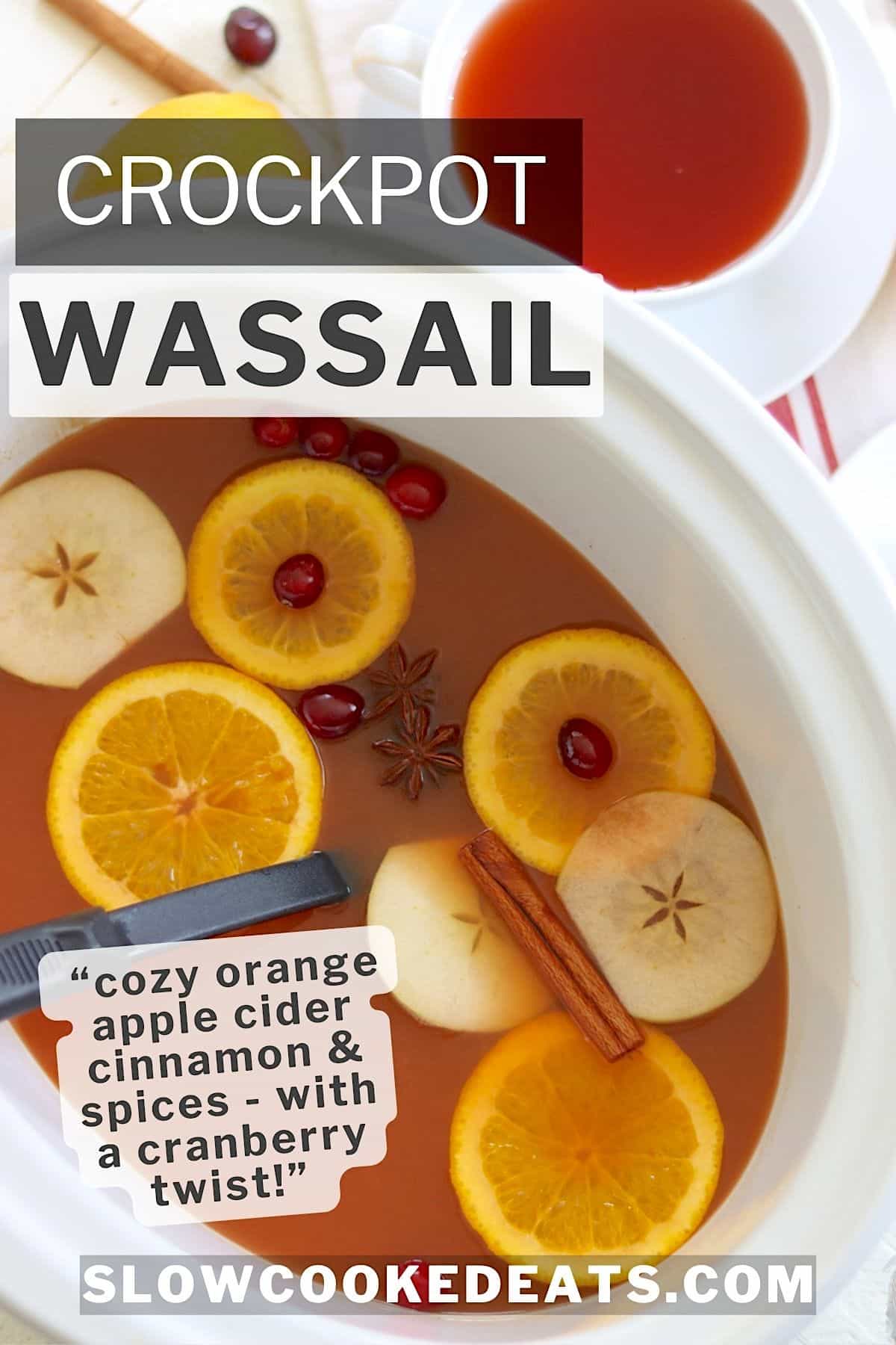 Pinterest pin with crockpot wassail with floating lemon slices, cranberries, and apple slices.