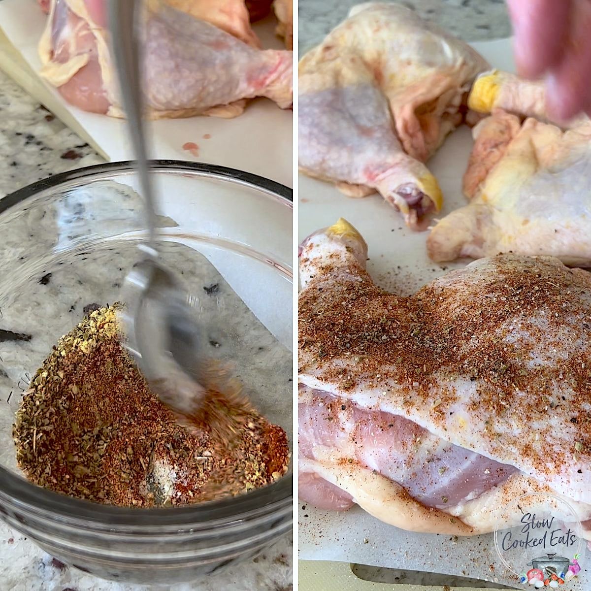 Mixing the dry rub for the chicken leg quarters crockpot recipe.