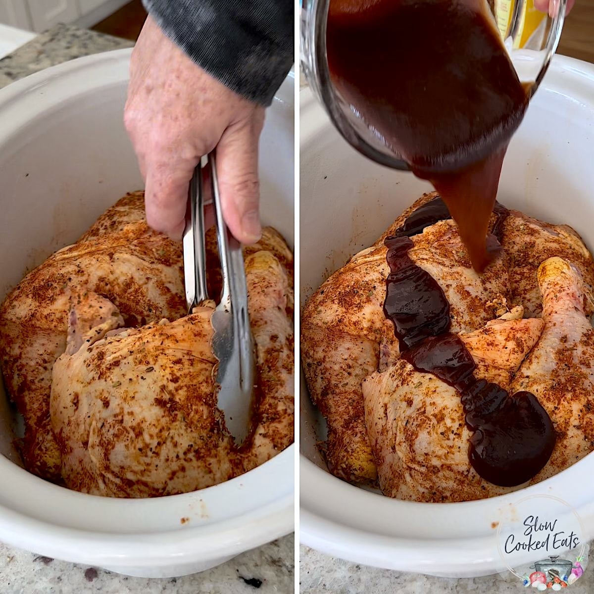 Placing chicken leg quarters in crockpot then pouring BBQ sauce over the top.