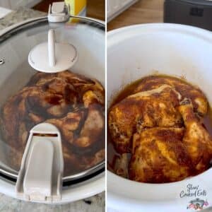 BBQ chicken leg quarters slow cooking in a white crockpot.