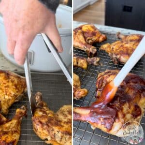Placing cooked chicken leg quarters on a baking sheet with a rack the brushing with BBQ sauce.