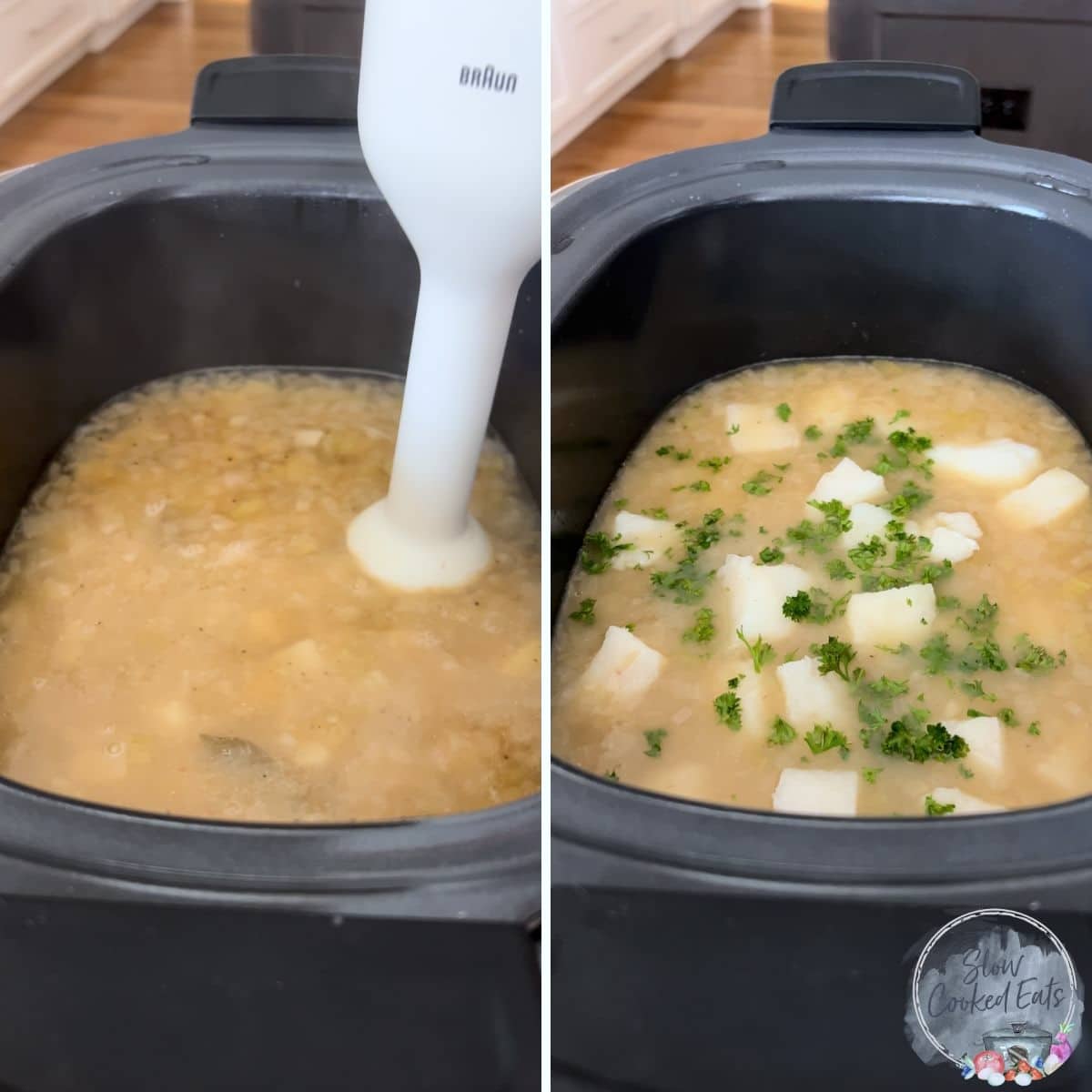Blending the crock pot fish chowder using an immersion blender then adding the fish.