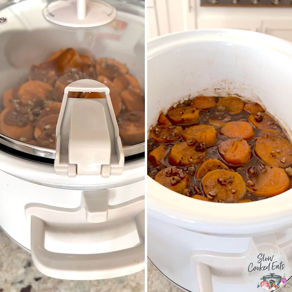 Slow cooking the crockpot candied sweet potatoes.