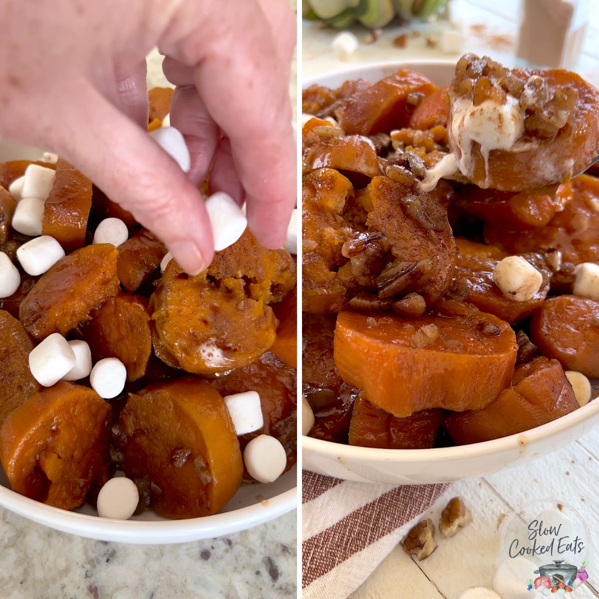 Sprinkling mini marshmallows over the top of the crockpot candied sweet potatoes in a white bowl.