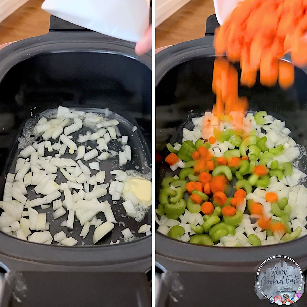 Adding the vegetables to make crockpot chicken noodle soup.