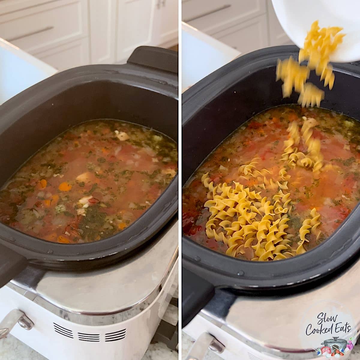 Adding the pasta to the crockpot chicken noodle soup.