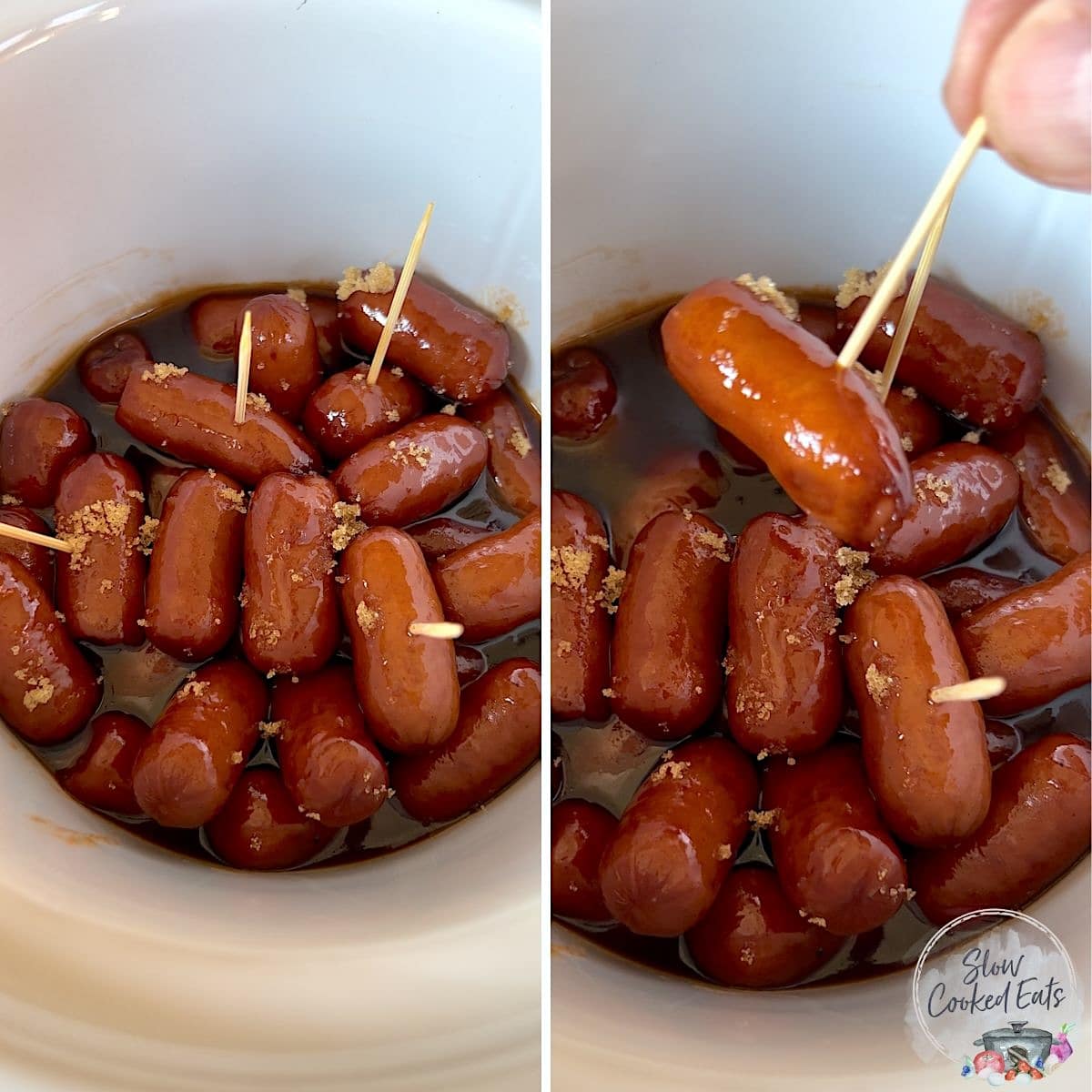 Picking up little smokies in crockpot with a toothpick.