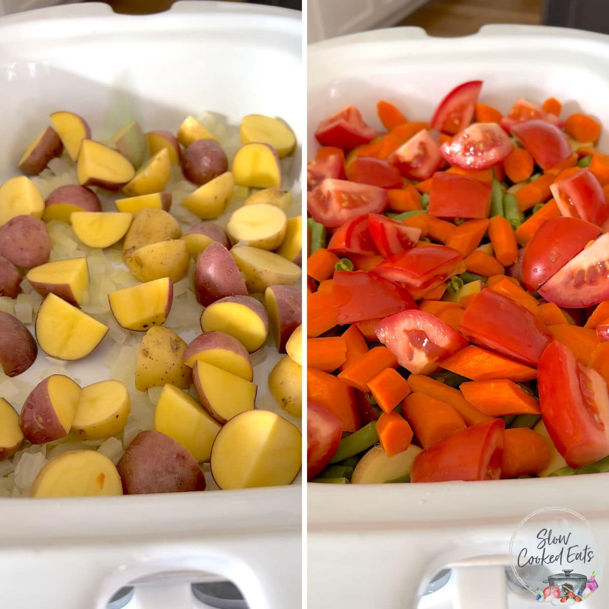 Layering the crockpot vegetables in a slow cooker.