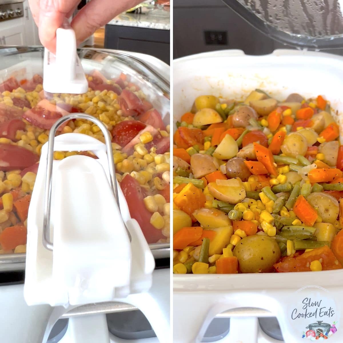 Placing the lid on the slow cooker vegetables then cooking until tender.