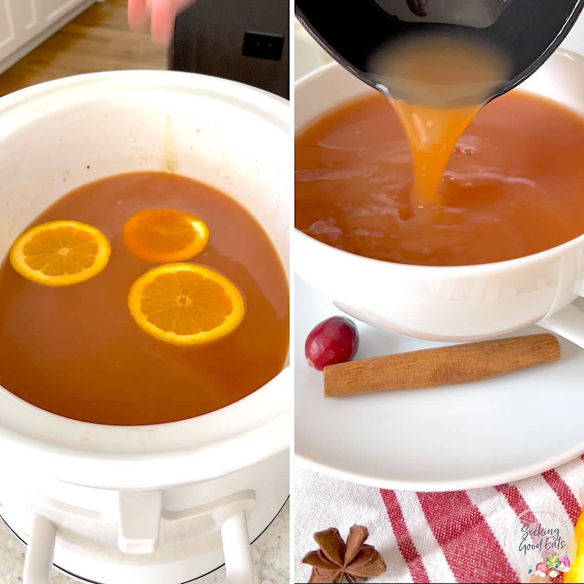 Serving crockpot wassail out of a white slow cooker and into a white mug.