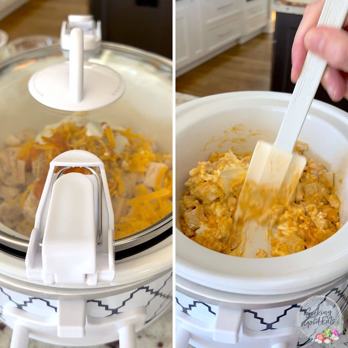 Stirring slow cooker buffalo chicken dip with a white spatula.
