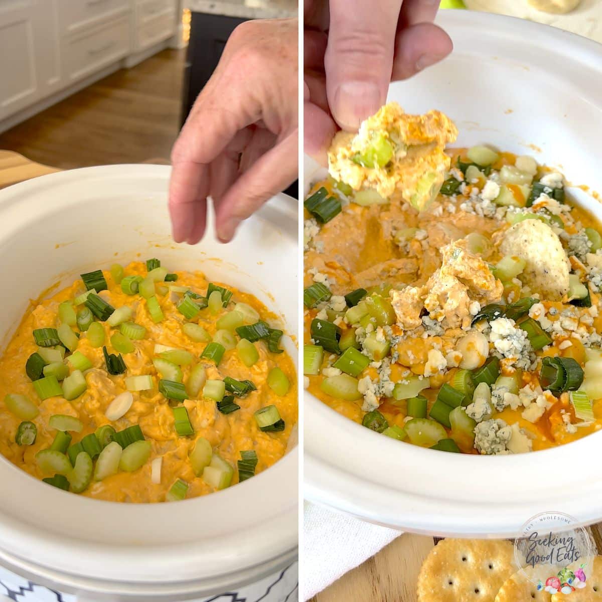 Topping the slow cooker buffalo chicken dip with fresh green onion and celery. Serving with a chip.