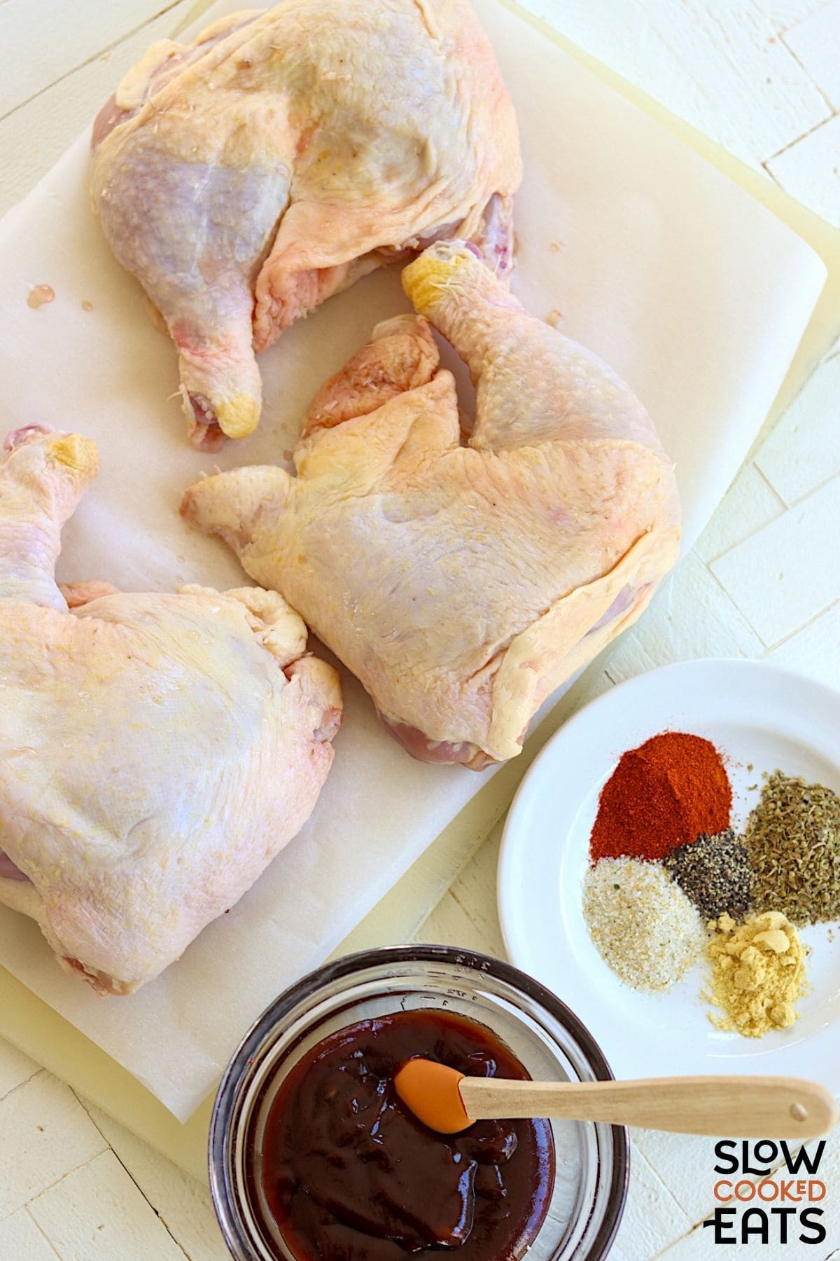 Ingredients needed to make slow cooker chicken quarters in crock pot.