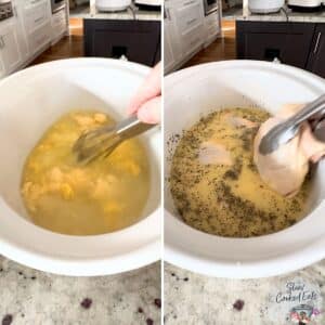 Adding all the ingredients to a slow cooker to make 5 ingredient crockpot chicken noodle soup.