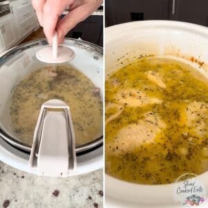 Slow cooking the chicken noodle soup in crockpot.