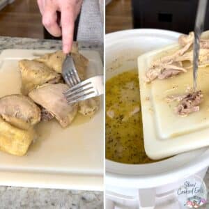 Shredding the chicken thighs and adding back to the slow cooker chicken noodle soup.