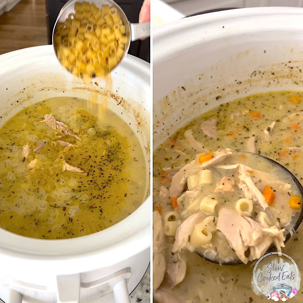 Adding pasta to the 5 ingredient crockpot chicken noodle soup.