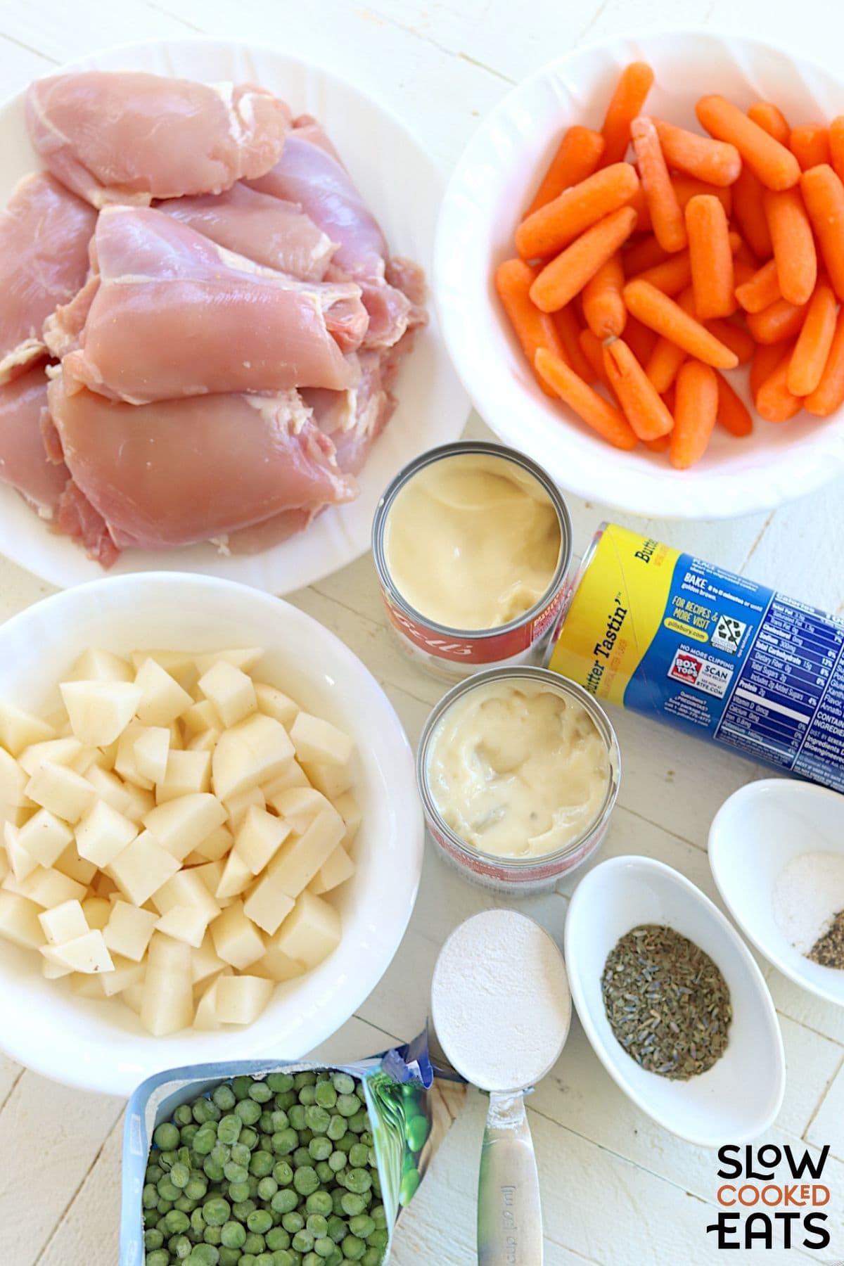 Image of ingredients needed to make crockpot chicken and dumplings with biscuits.
