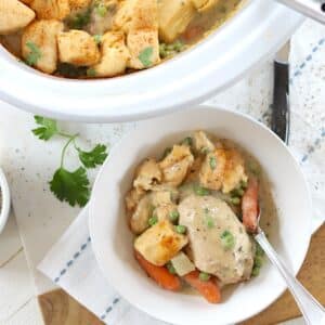 A white bowl served with slow cooker chicken and dumplings.