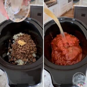 Adding all the slow cooker lasagna soup ingredients to a black crockpot.