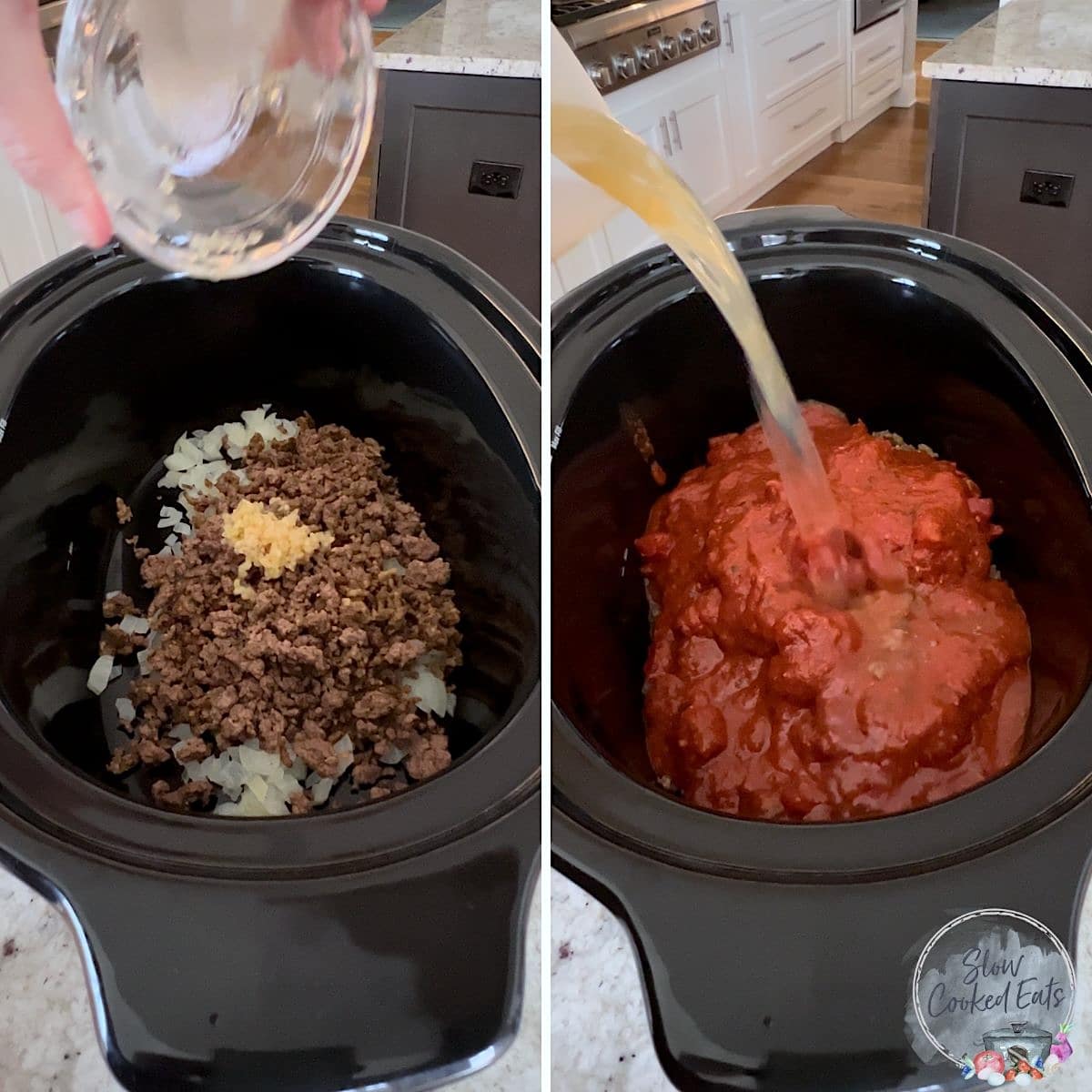 Adding all the slow cooker lasagna soup ingredients to a black crockpot.