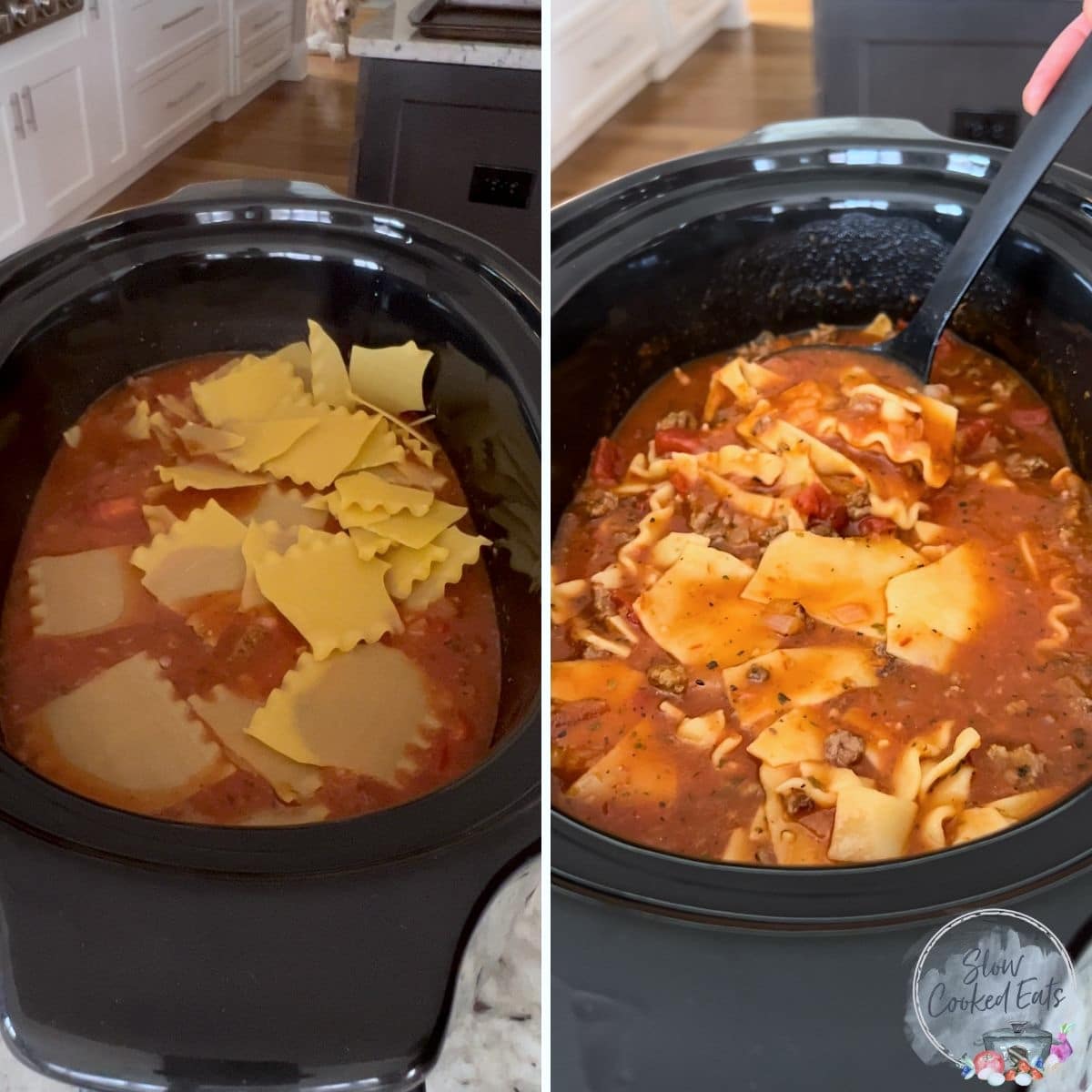 Adding the dry lasagna noodles to the slow cooker lasagna soup in a black crock.