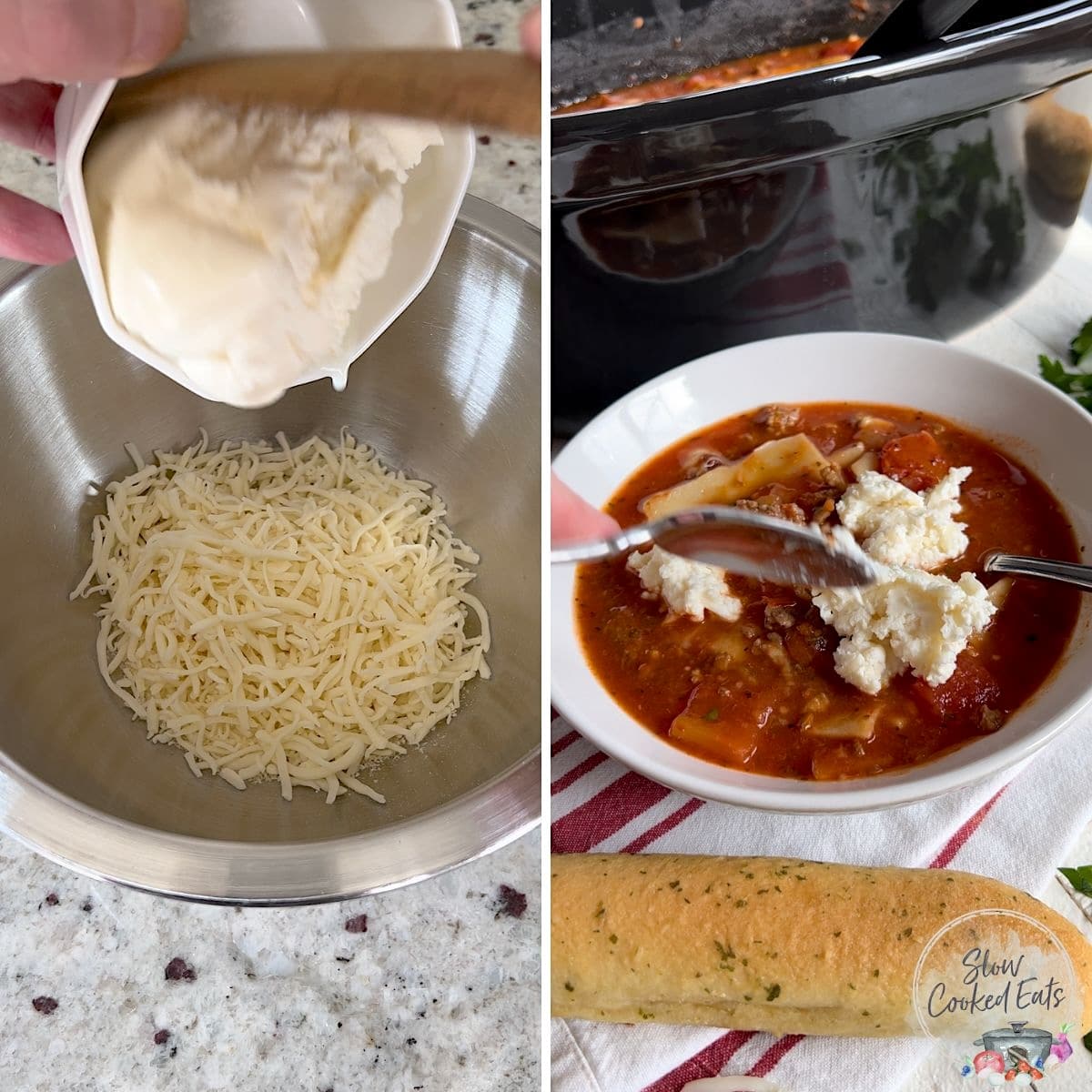 Mixing the cheeses together in a bowl then dolloping on the served slow cooker lasagna soup.