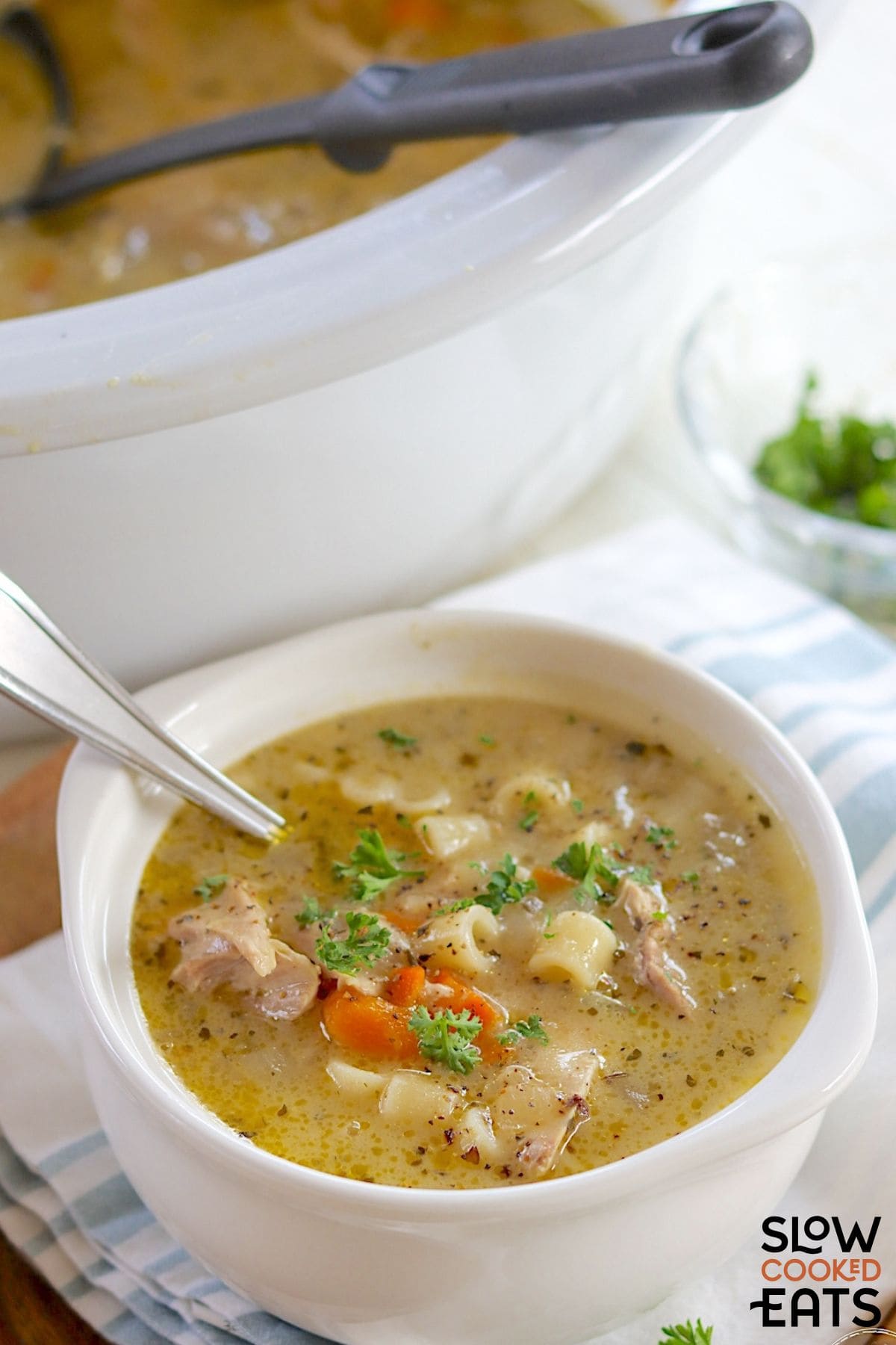 Crockpot chicken noodle soup served in a bowl with a spoon.