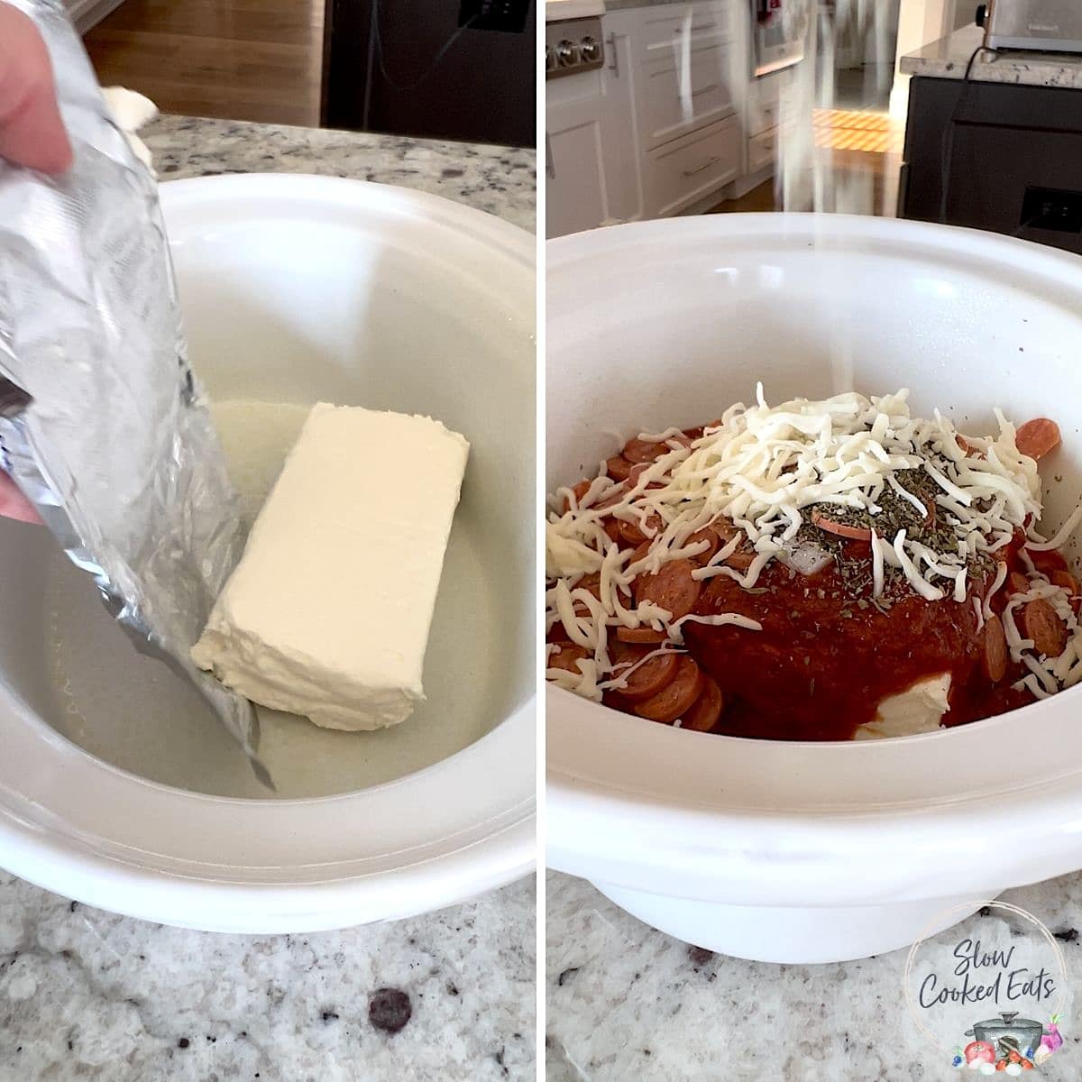 Adding all of the crockpot pizza dip ingredients to a white slow cooker.